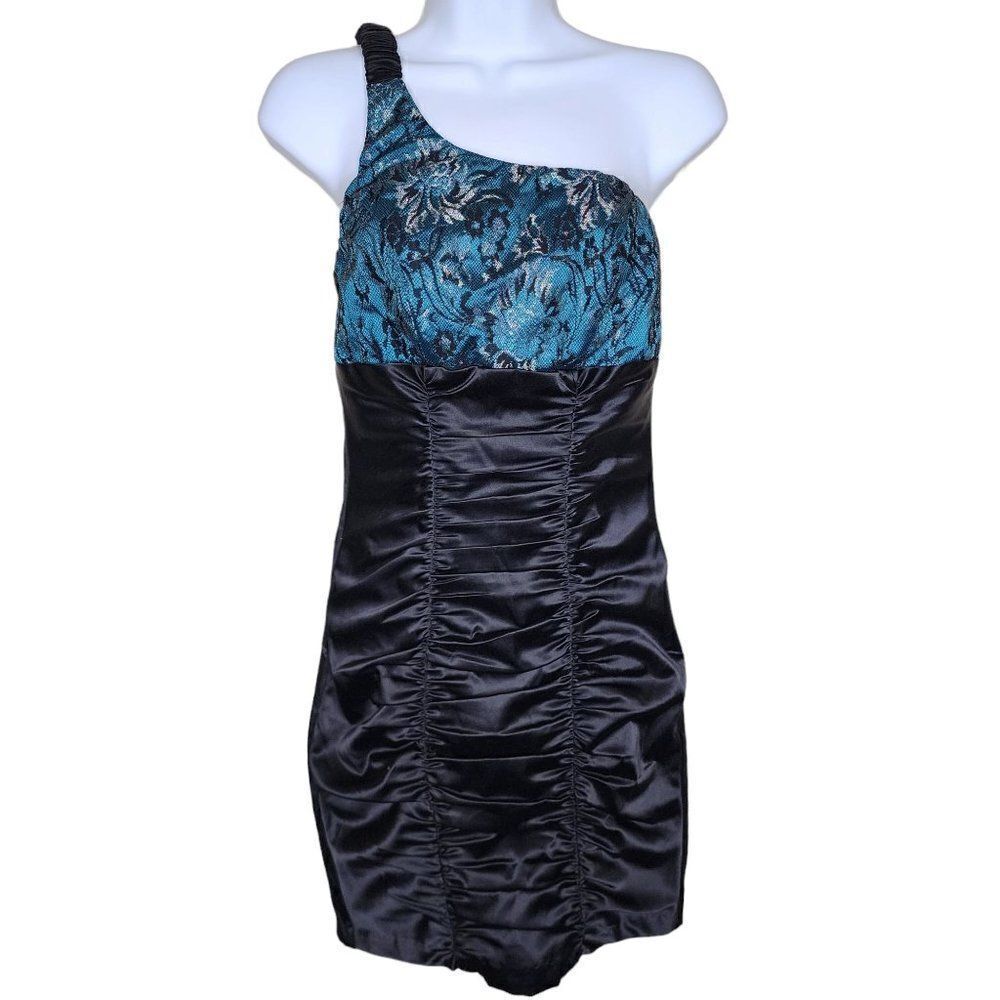 Vintage 90s Fredericks One Shoulder Cocktail Dress Womens Size 2 Black Teal Lace